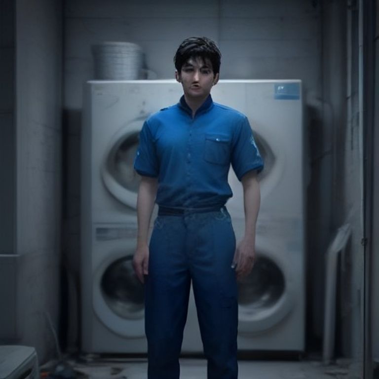 Frustrated technician staring at broken washing machine